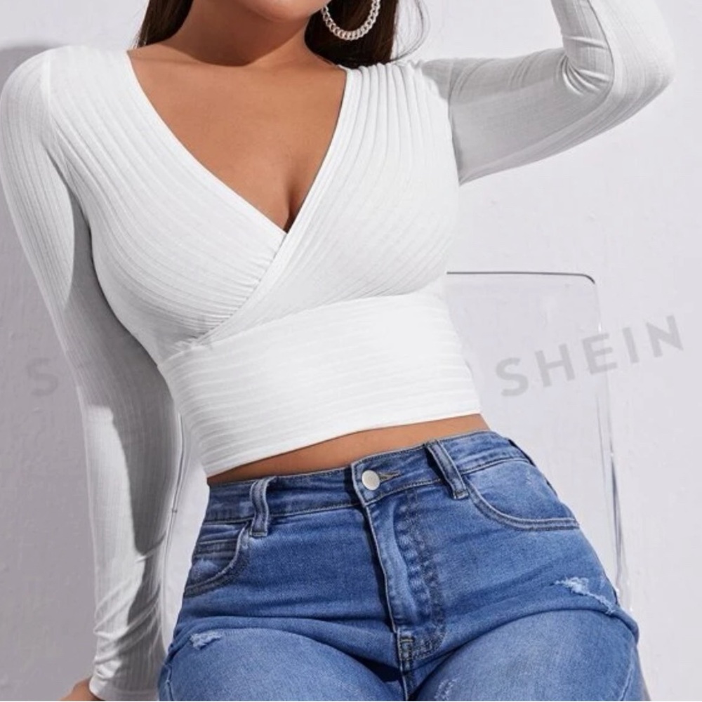 Surplice Neck Rib-knit Crop Tee
